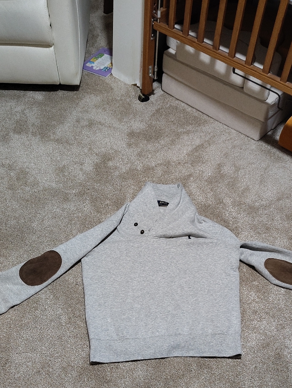 Polo Ralph Lauren Gray Shawl Collar Sweatshirt with Navy Pony With Elbow Patches